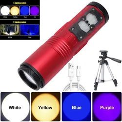 30W Super Bright Zoom Night Fishing Flashlight 5 Light Sources Blue UV White Yellow Light Hiking Emergency Light with Bracket