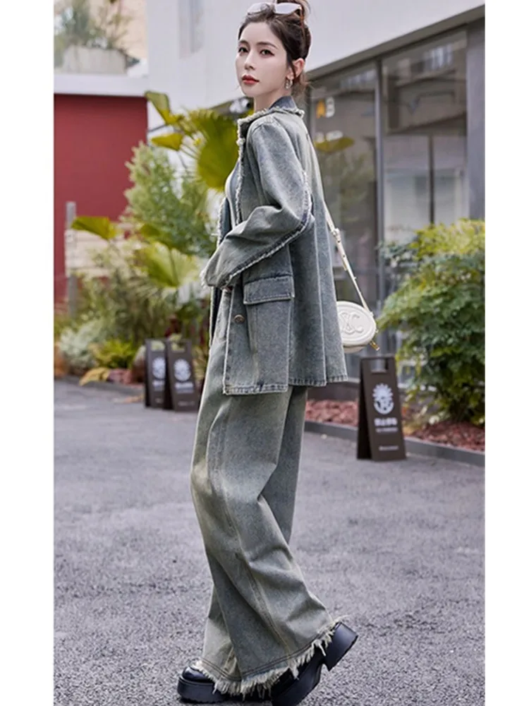 Denim Suits for Women Vintage 2024 Spring Autumn New Lapel Jacket + Wide-leg Trousers Fringe Fashion 2 Piece Set Female Clothes