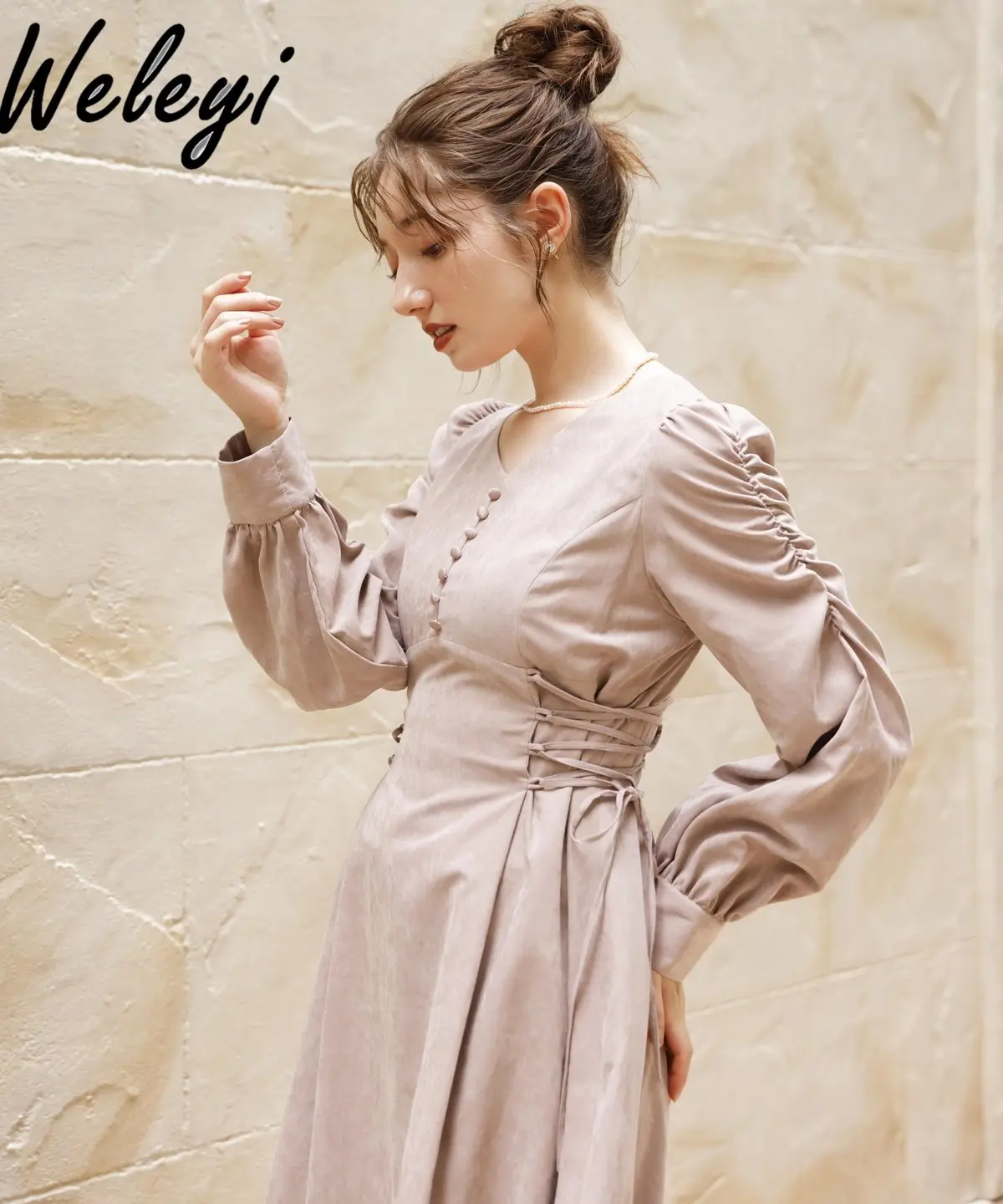 Japanese Style Commuter Side Lace-up Dress Office Ladies High-end Temperament V-neck Pleated Long Sleeve Dresses for Women