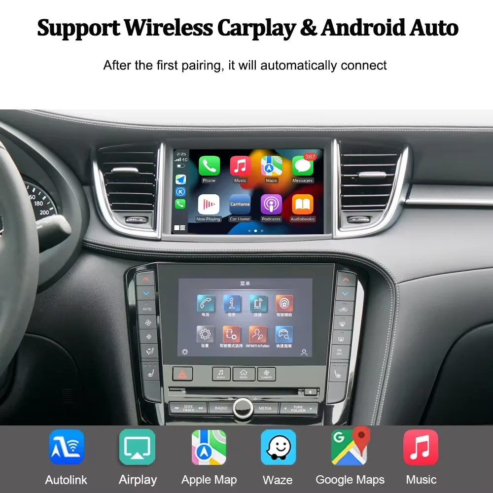 BONROAD Wireless CarPlay Android Auto Module For Infiniti QX50 Q50L Q50 Q60 QX60 Nissan Patrol 2015-2019 BT GPS Navigation Mirror Link Decoder