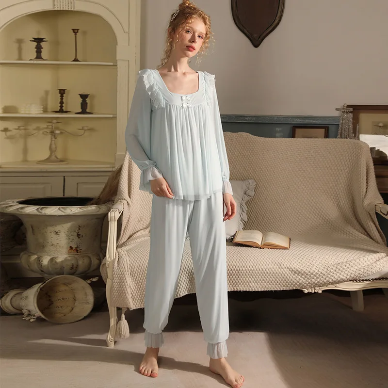 Vintage Spring Mesh Pajamas Fairy Lace Loungewear Square Collar Ruffles Tops Pants Two Piece Sets Princess Sleepwear Nightwear