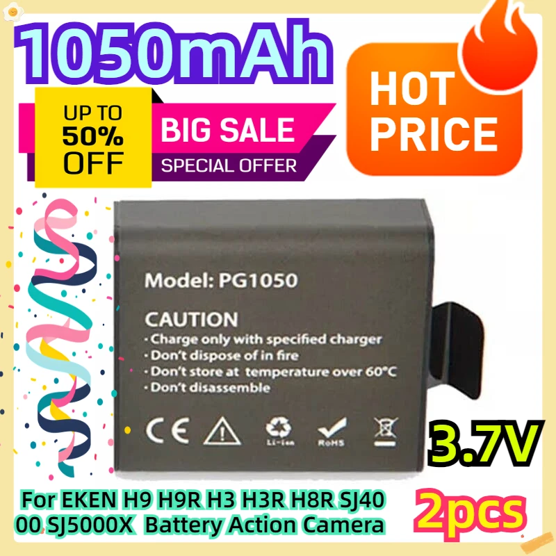 

For EKEN H9 H9R H3 H3R H8R SJ4000 SJ5000X 3.7V PG1050mAh Battery Action Camera 2pcs
