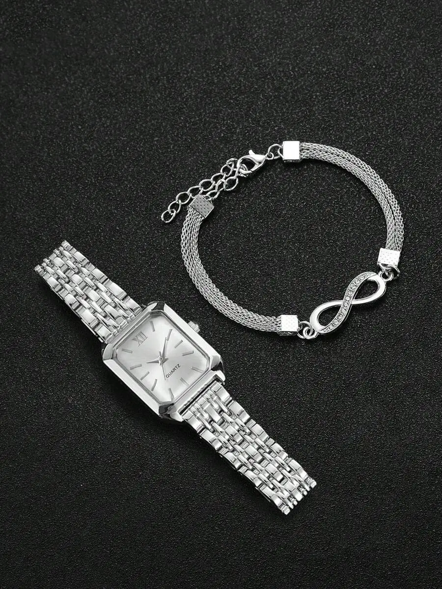 2pcs/Set Women's Fashion Casual Square Minimalist Dial Elegant Quartz Watch + Bracelet, Gift (Watch Box Not Included) view 2