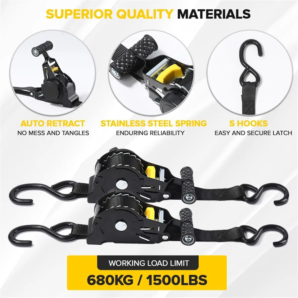 2Pcs Retractable Ratchet Tie Down Straps - 680kg Guaranteed Max Break Strength,Use for Boat, Securing Cargo