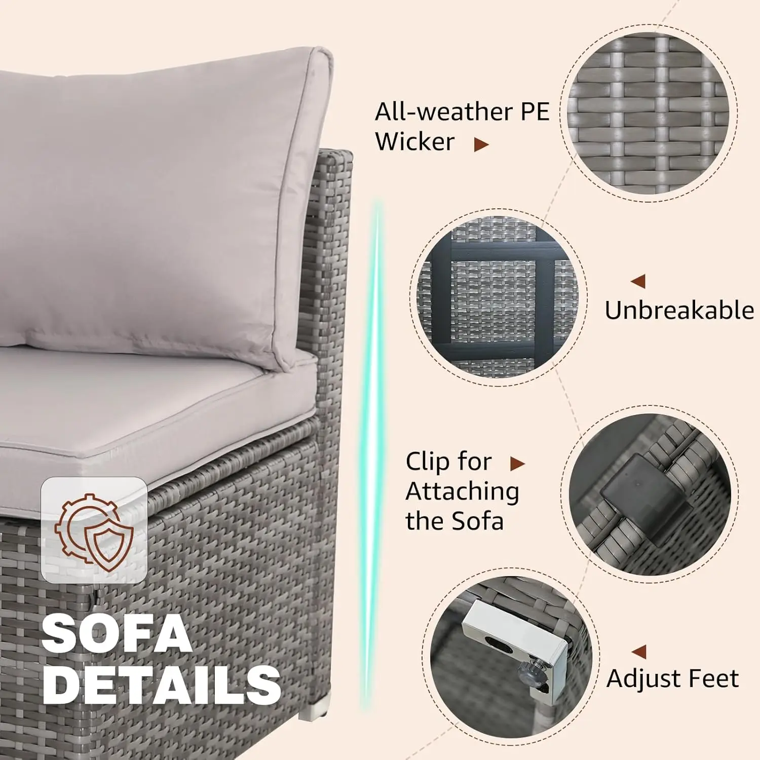 Set furnitur teras 7 buah, Set perabot teras Modular Set anyaman luar ruangan Sofa anyaman PE rotan Set percakapan teras dengan