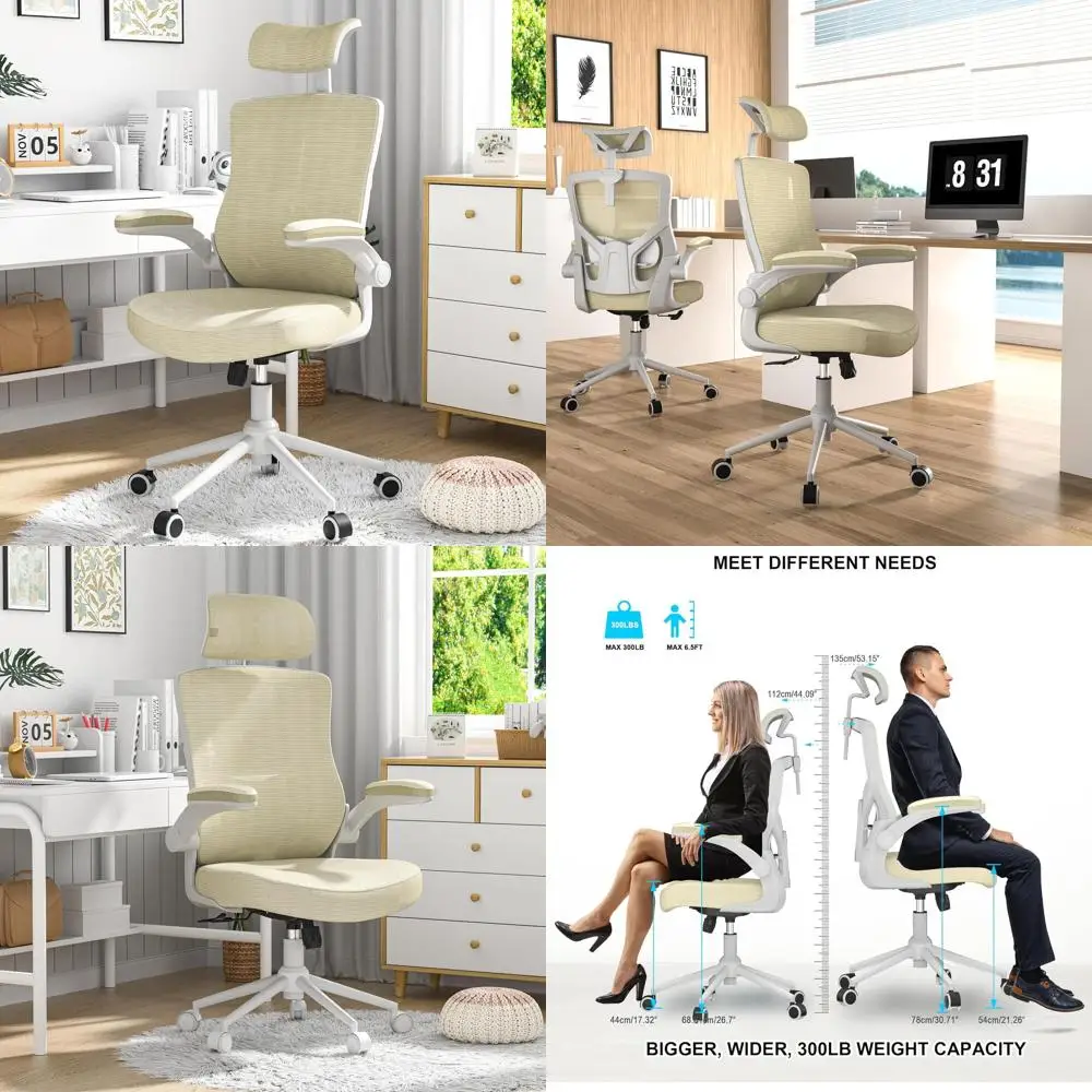 كرسي مكتب مريح عالي الظهر مع مسند رأس قابل للتعديل ودعم قطني وأذرع قابلة للطي (بيج حديث)