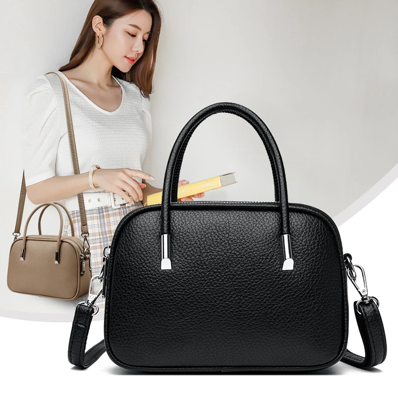 

Women Leather Crossbody Bag Simple Fashion Small Handbag Lightweight Double Zipper Pure Color Shoulder Bag for Casual Commuting