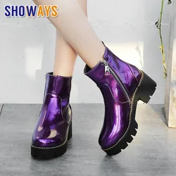 Winter Women Punk Ankle Boots Black Yellow Patent Leather High Thick Heels Party Office Ladies Plush Zipper Short Platform Boots