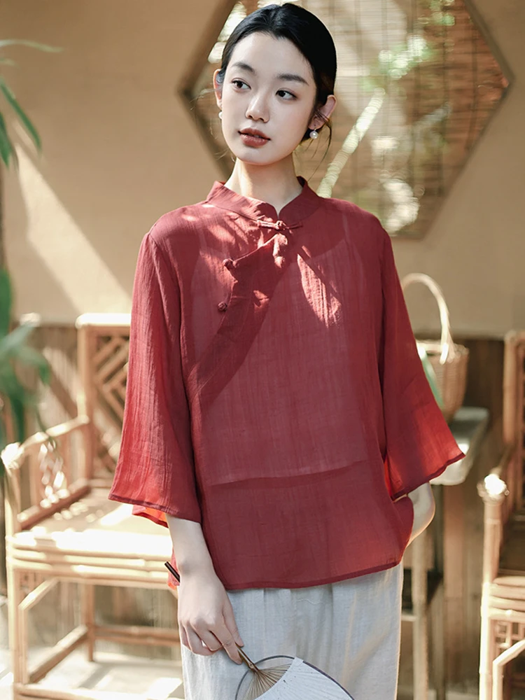 ผู้หญิงสไตล์จีนสบายๆเสื้อยืดใหม่มาถึง 2025 ฤดูร้อนVINTAGE Mandarin COLLARสีทึบหลวมหญิงเสื้อTees m1202