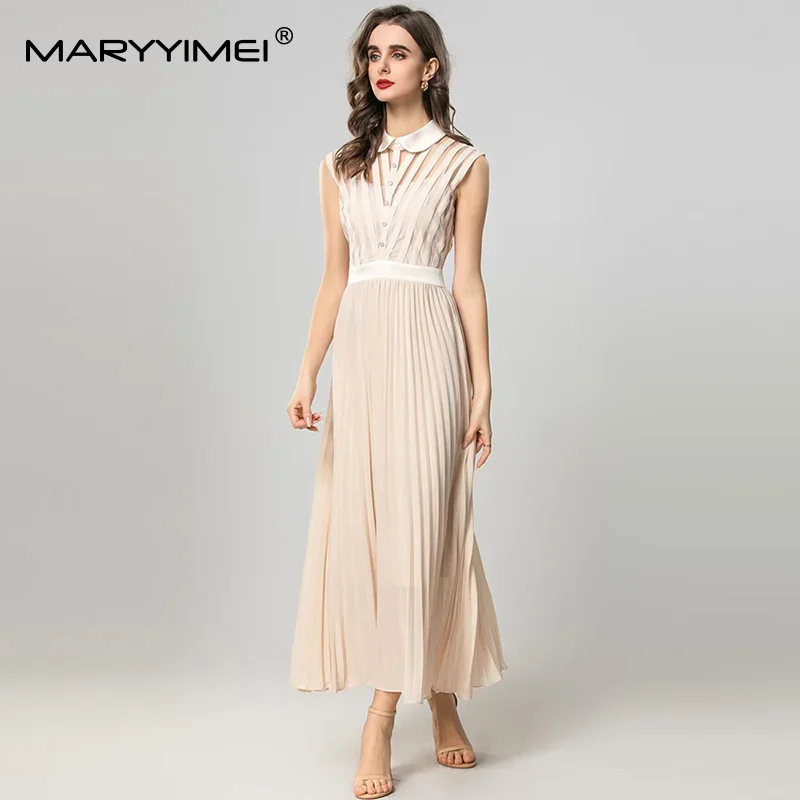 Gedivoen エレガントなフレンチスタイルマキシドレス人形の襟ノースリーブハイウエストロングプリーツドレス女性の夏の新着