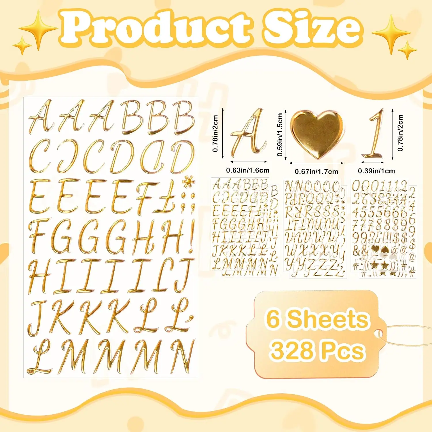 328Pcs Gold Letter Number Stickers, 6 Sheets Self‑Adhesive 3D Puffy Letters Sticker for Graduation Cap, Scrapbooking, Sign Decor