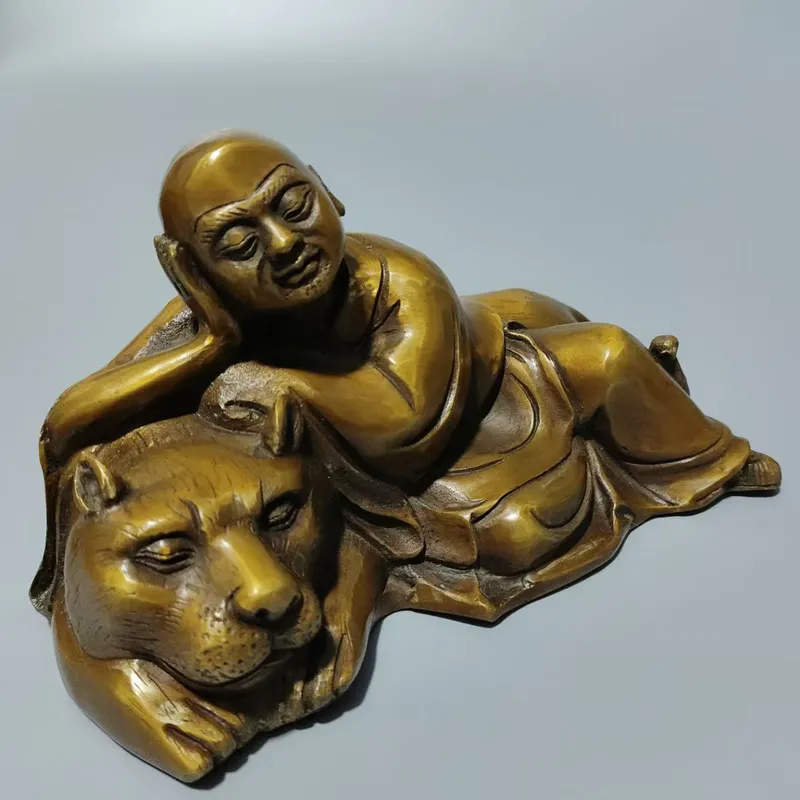 Antique bronze carving tiger Arhat buddha statue home living room desktop fengshui auspicious decorations handicrafts