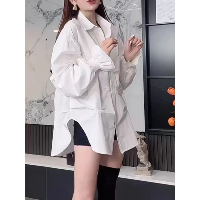 

Krismile Women's White Shirts 2026 Office Lady Oversized Lapel Flare Sleeve Slit Single Breasted Simple Basic Blouses 193942