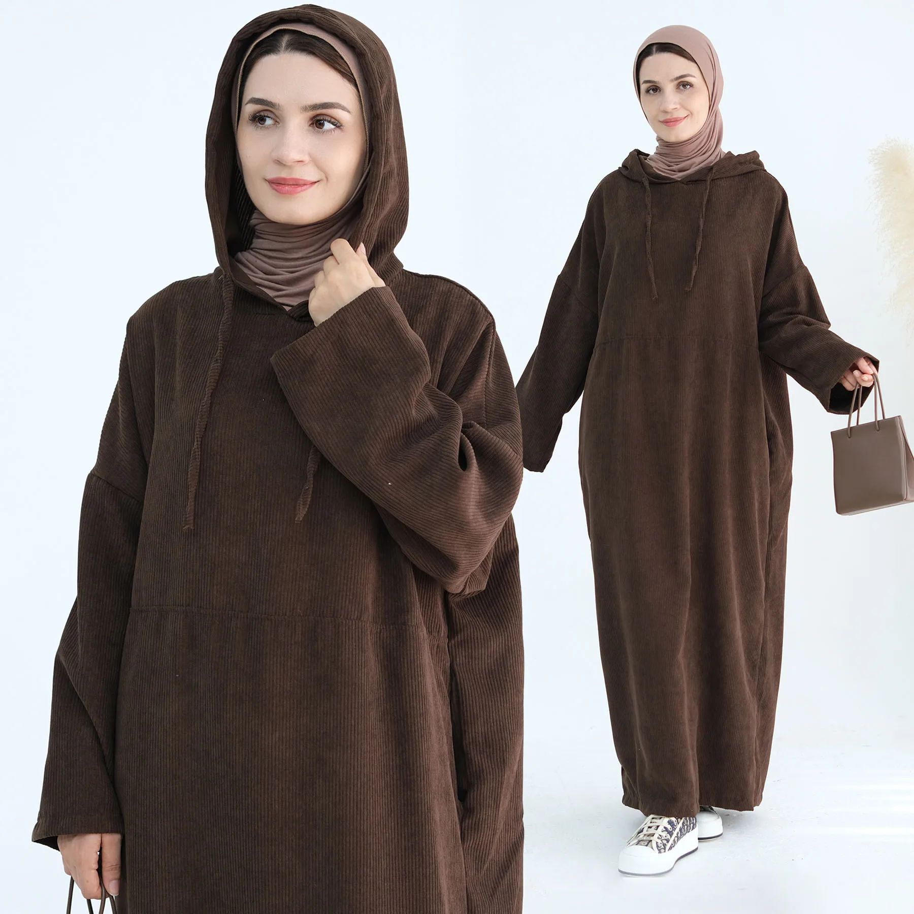 

Autumn/Winter Extra-Loose-Fit Casual Warm Corduroy Hijabi Abaya Long Muslim Women Dress-Hooded, Drop Shoulders, Side Pockets