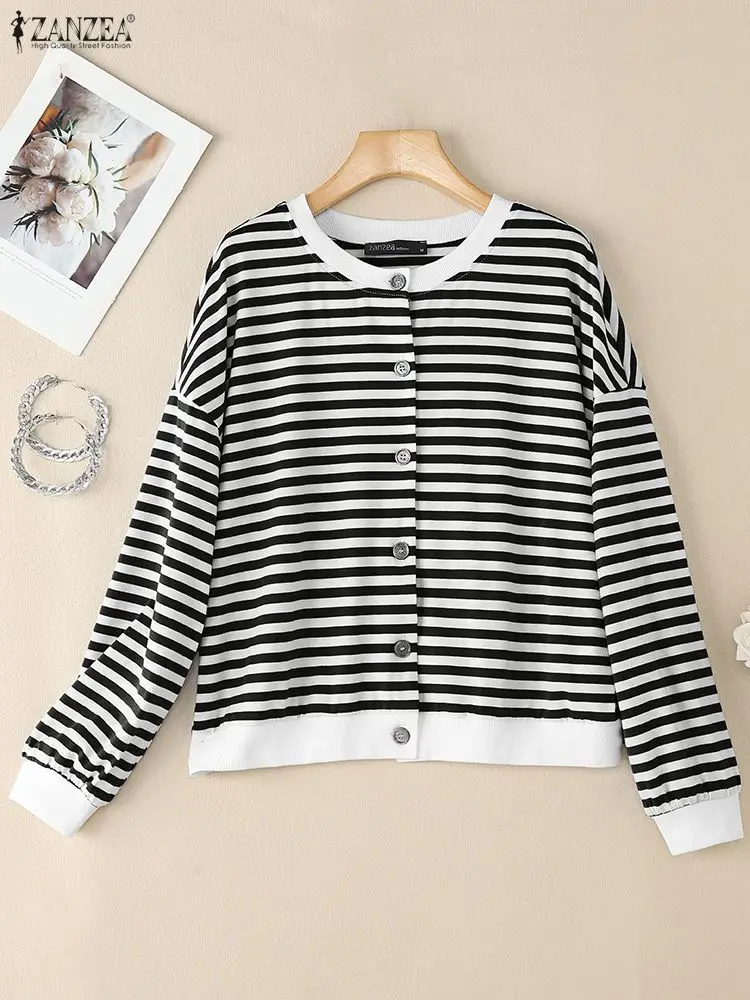 

Женский полосатый кардиган с заниженными плечами, свитера, повседневная верхняя одежда с круглым вырезом и длинными рукавами, свитер ZANZEA 2025 FW в корейском стиле