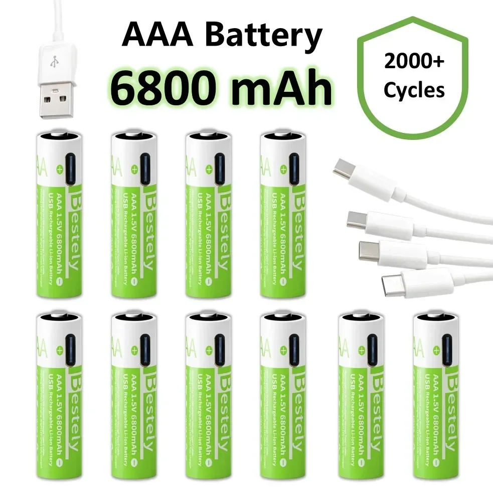 2025 Pro 1.5V AAA 6800mAh Rechargeable Battery, Type-C Fast Charging Li-ion Batteries, 2000 Cycles LED Indicator with Free Cable