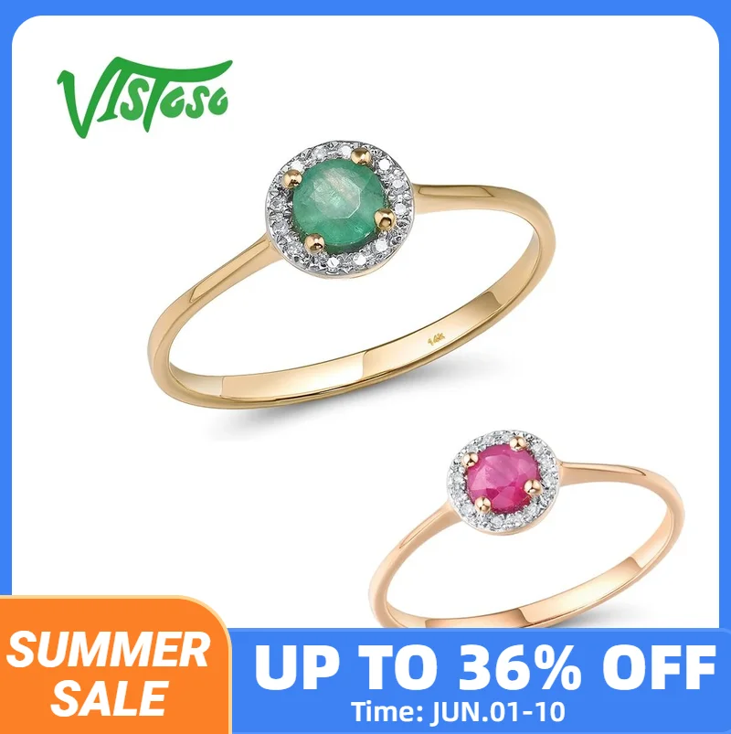 VISTOSO Pure 14K 585 Rose/Yellow Gold Rings For Women Sparkling Diamond Round 4mm Ruby/Emerald Luxury Wedding Band Fine Jewelry