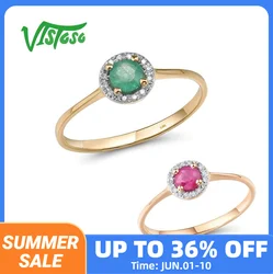 VISTOSO Pure 14K 585 Rose/Yellow Gold Rings For Women Sparkling Diamond Round 4mm Ruby/Emerald Luxury Wedding Band Fine Jewelry