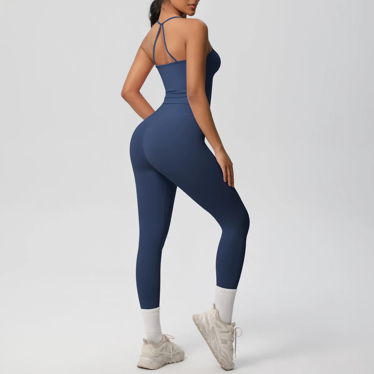 Hochelastisches, sexy, rückenfreies Yoga-Oberteil und -Hose, stoßdämpfendes Lauf-Yoga-Tanktop, einfarbige, schnell trocknende Yoga-Leggings – Detail 12