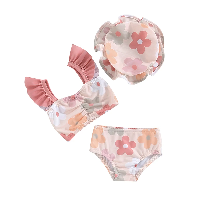 Toddler Baby Girl Swimsuits Sleeveless Floral Print Bikini Sets Summer Beach 3 Piece Bathing Suit