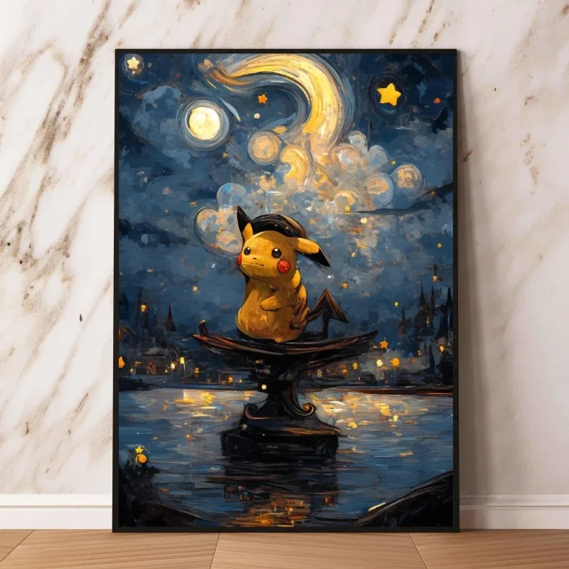 1pc Frameless Canvas Painting Van Gogh - Style Pokemon Decorative Paintings - Pikachu and Gengar in Starry Night Art Unique W