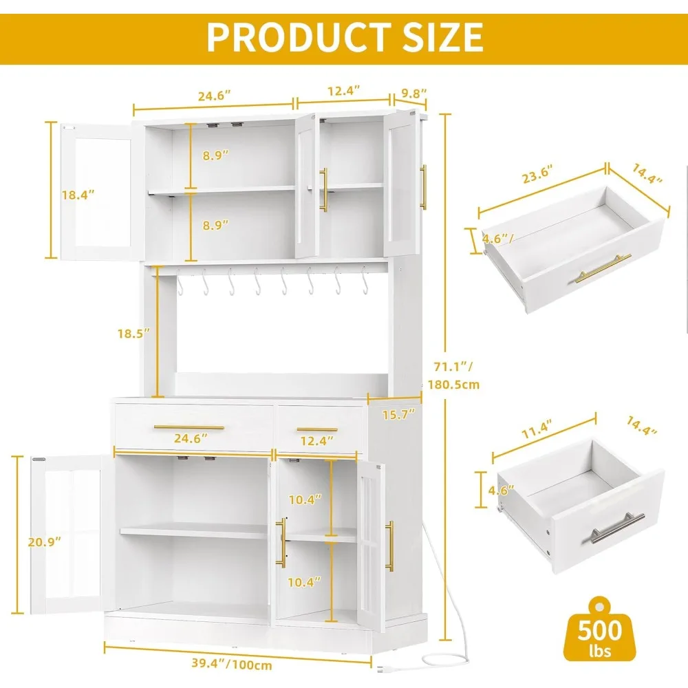 Kitchen Pantry Storage Cabinet with Microwave Stand, 71'' Tall Kitchen Hutch Cabinet with Power Outlet,