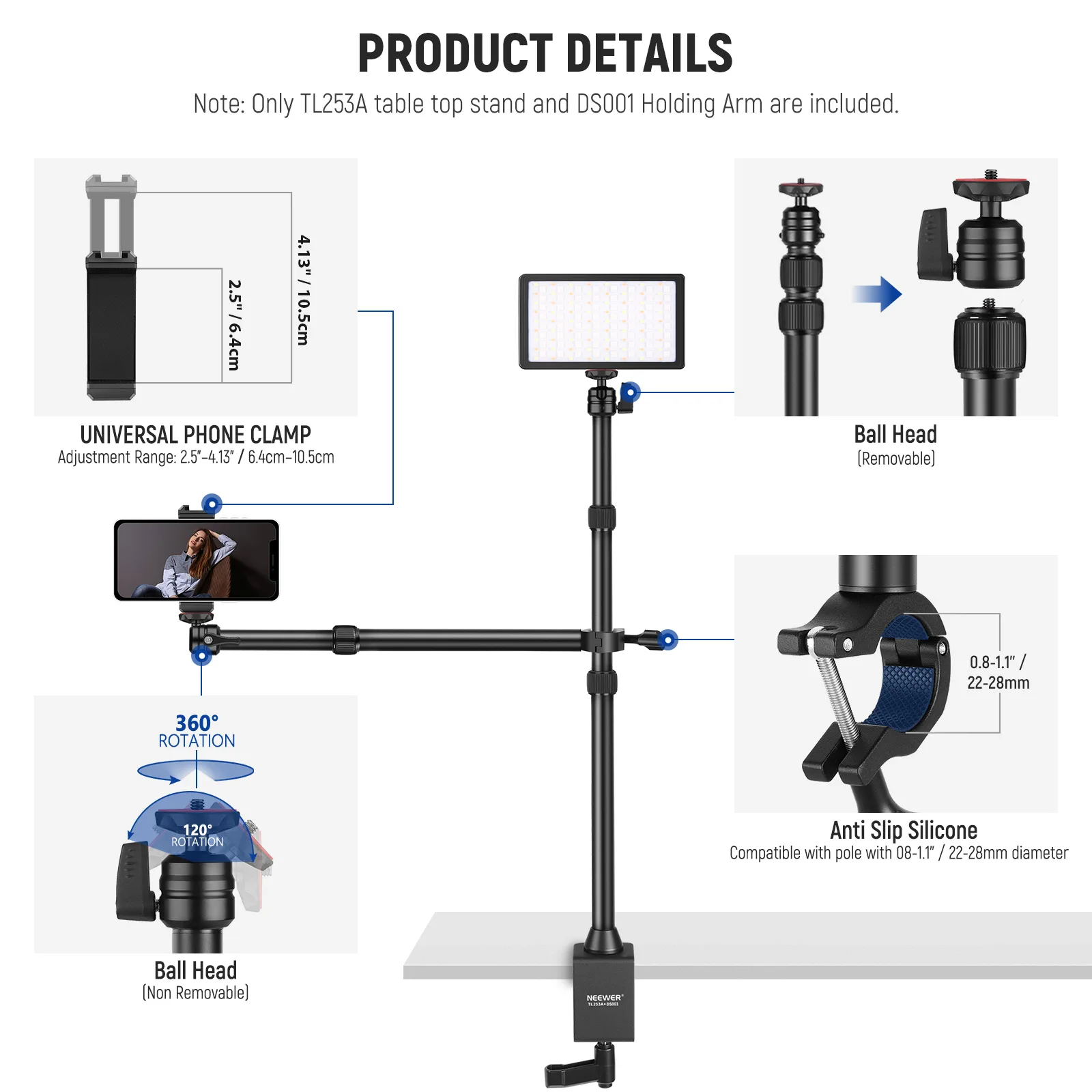 NEEWER Tabletop Overhead Camera Mount Stand with 2 Section Telescopic Extension Arm, Phone Holder, Ball Heads, Screw Adapters,