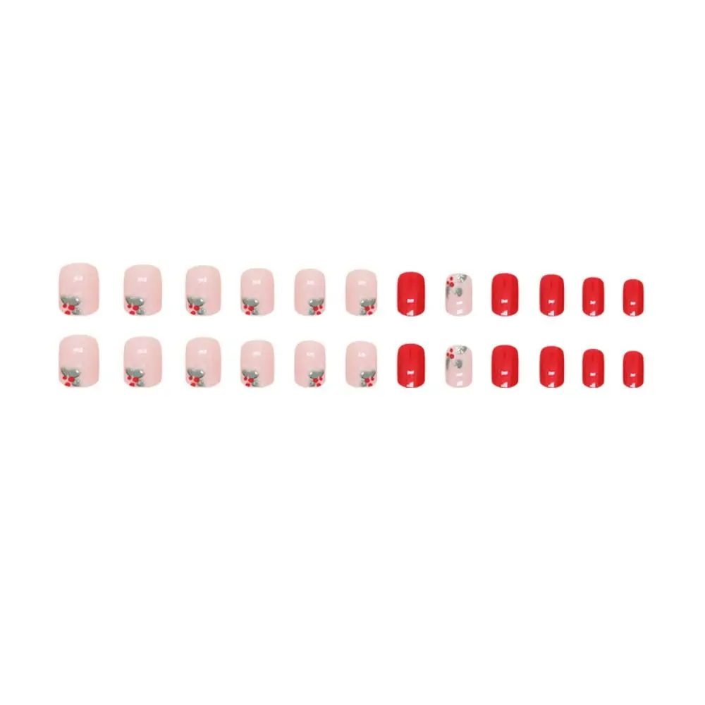 Fashion Long Square False Nails French Full Cover Fake Nials Red Flowers Detachable Press on Nails DIY