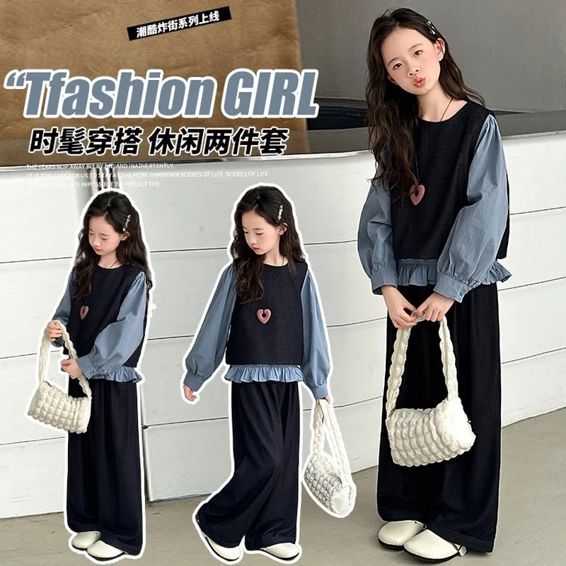 Girls Suit2026New autumn collection for children and older kids: stylish spring and autumn vest, shirt, and pants three-piece se