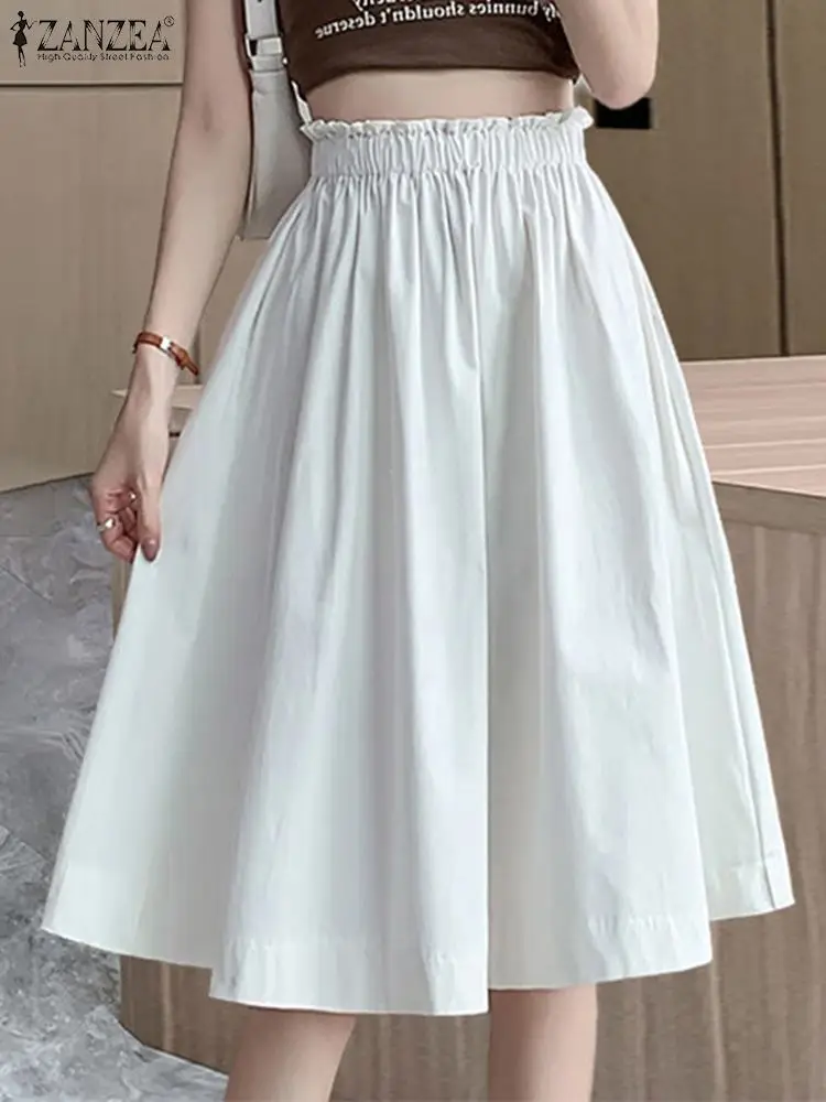 ZANZEA Korean Solid Women Overskirts Autumn Sweety Elastic Waist Midi Skirts Elegant Fashion Pleated Jupe Causal Office Faldas