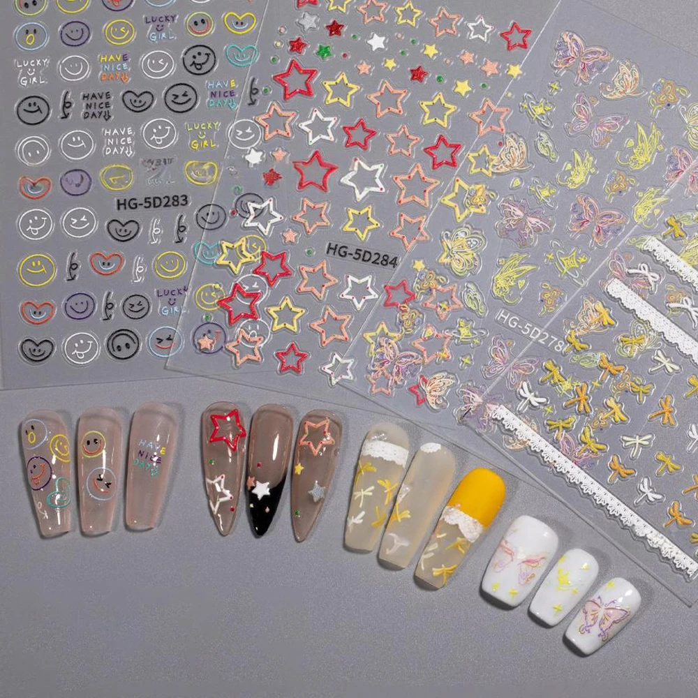 5D Squisiti adesivi per unghie con volto sorridente Decalcomanie autoadesive in rilievo Dopamina Decorazioni carine per nail art