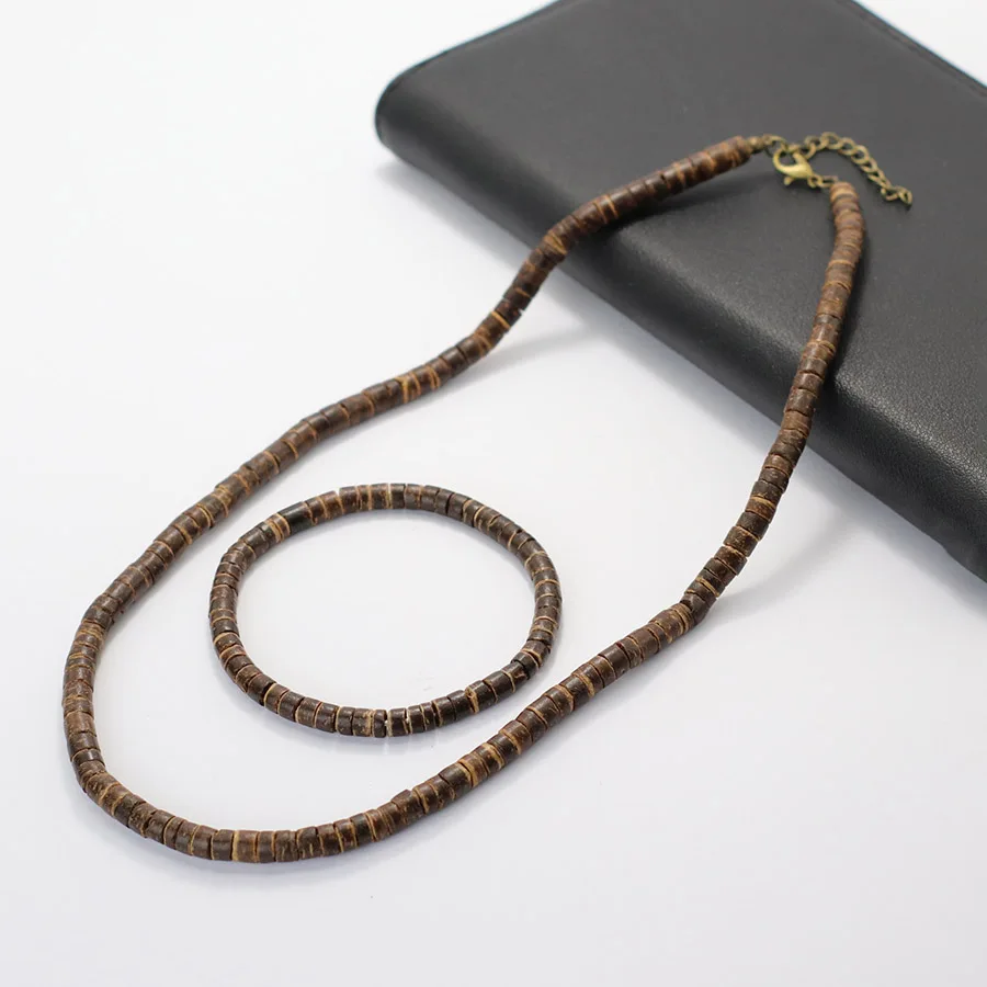 2 uds collar de cuentas de madera pulsera traje de Hombre Natural hecho a mano cáscara de coco Irregular joyería de vacaciones accesorios para Hombre