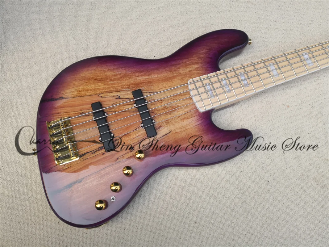 5 strings purple bass guitar jb bass fixed bridge spalted maple top gold tuners active battery maple neck