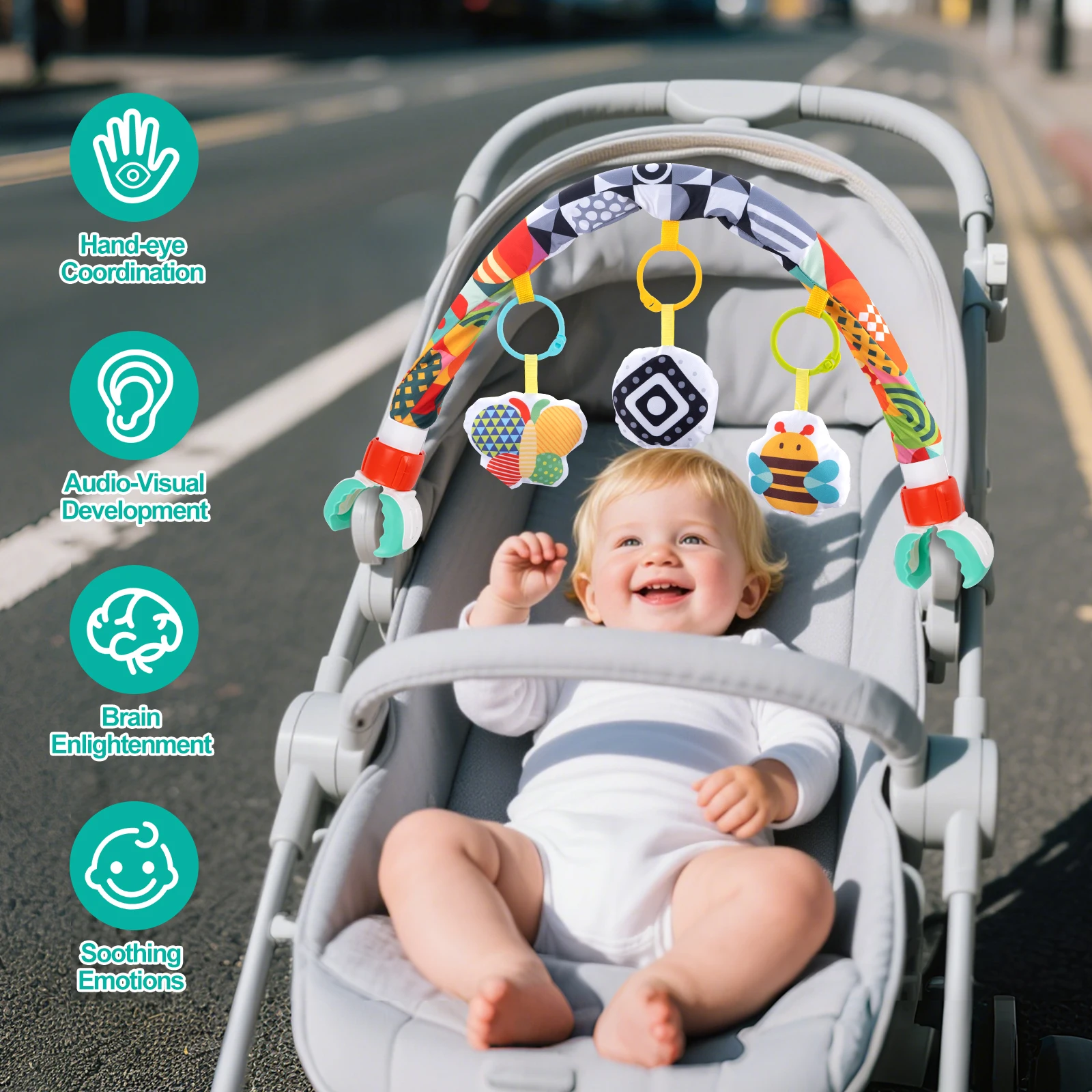 Kinderwagen Bogen Spielzeug Türsteher Spielzeug Kinderwagen Aktivität Bogen Spielzeug Feinmotorik Spielzeug sensorische Entwicklung Baby Auto s – Detail 17