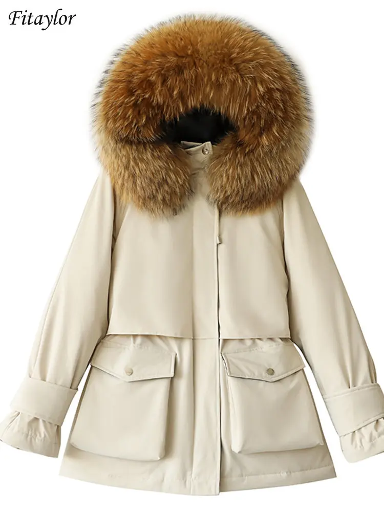 FITAYLOR-Veste d\'Hiver pour Femme, Grand Manteau en Duvet de Canard Blanc, Fourrure de Renard Naturelle, Parkas Optiques, Ceinture Chaude, Fermeture