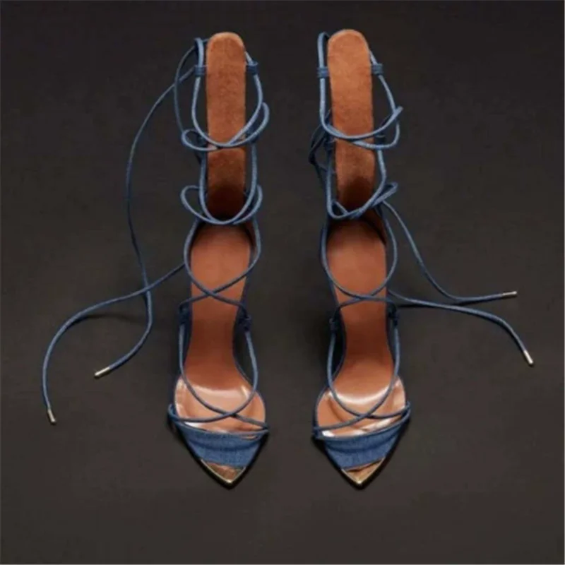 

Summer new metal pointed suede patent leather lace-up sandals thin high-heeled banquet dress walk show large-size women's shoes