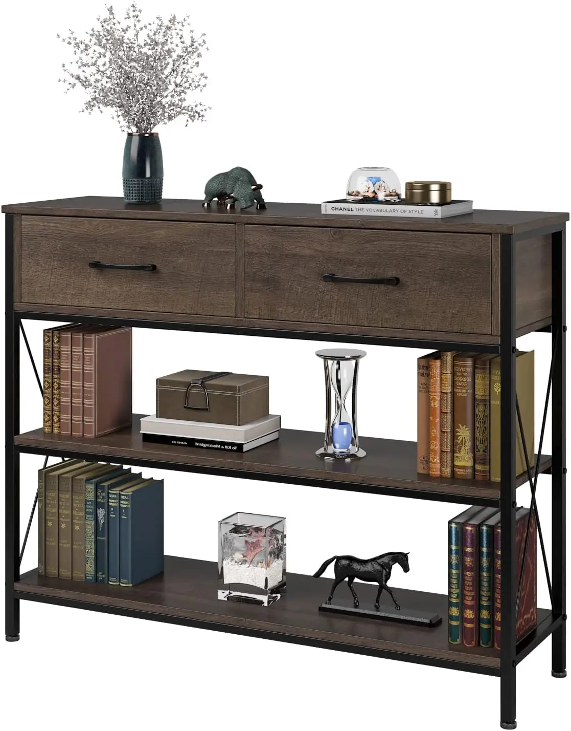 Industrial console table with drawers, vintage hallway foyer table with storage shelves, dark brown