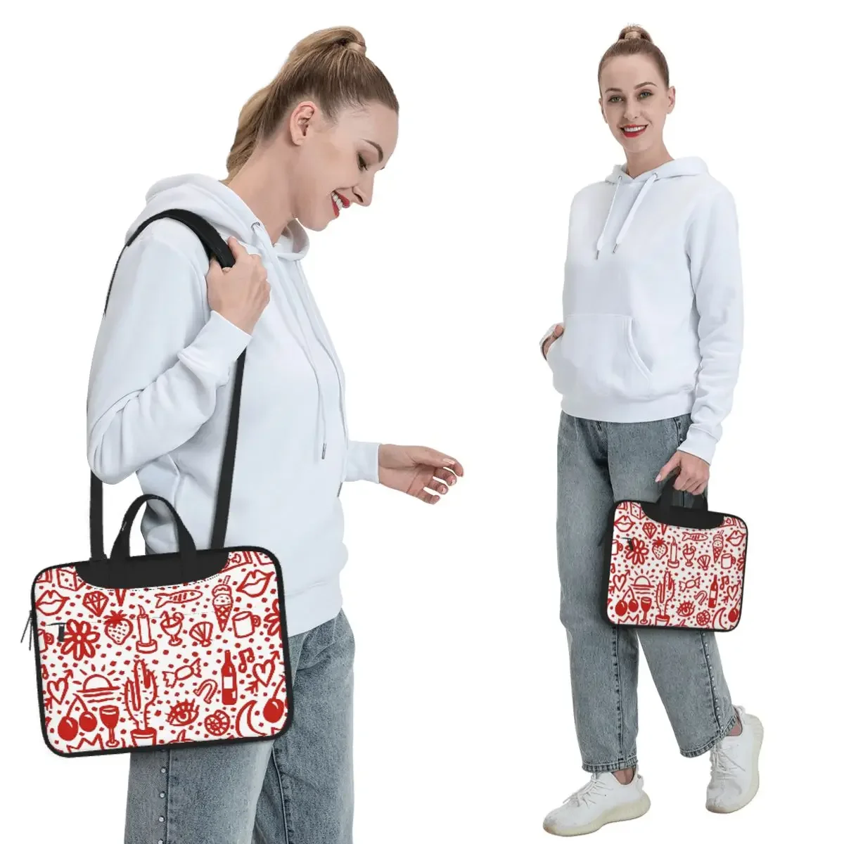 Red Doodle Summer Repeat Pattern Crossbody Laptop Bag Case Computer Bag Resistant Protective Notebook Pouch for Macbook Lenovo