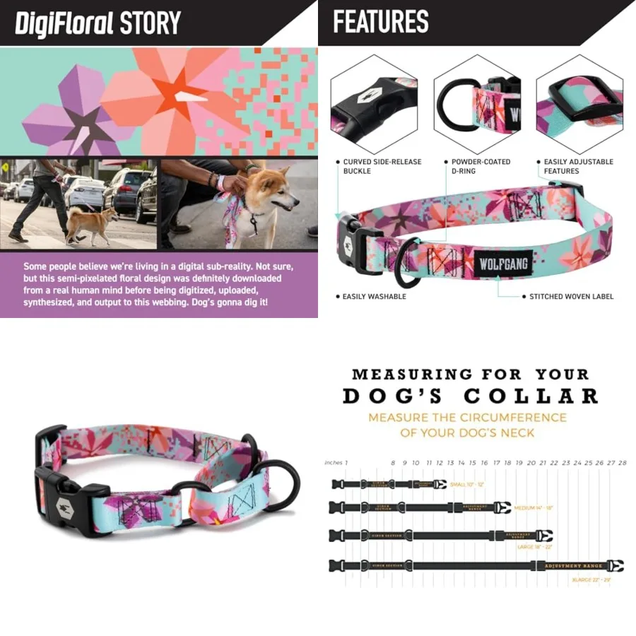 

Wolfgang Heavy Duty Martgale Dog Collar with Quick Release Nylon Buckle for Walkg and Trag, DigiFloral Prt, Etra