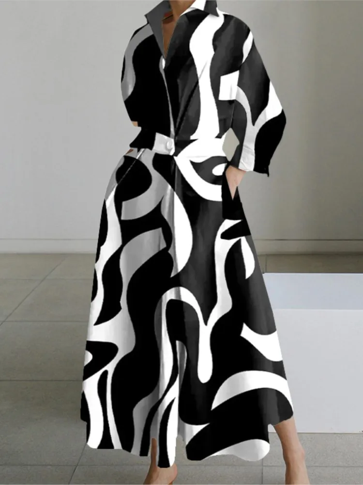 

Spring Autumn New Women's Fashion Nine Sleeve Long Sleeve Sexy V-neck Printed Casual Pocket Long Dress