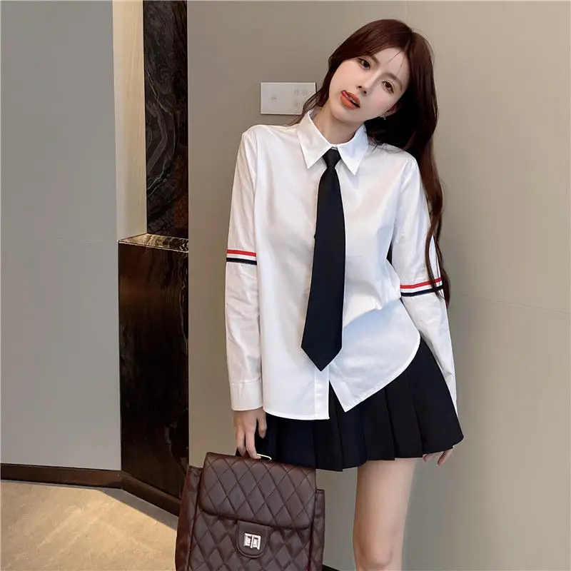 

Early autumn shirt, women's campus style 2024 Korean version, college style with tie, long sleeved striped woven top