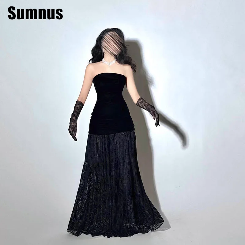 Sumnus Mermaid Black Velour Prom Dresses Elegant Lace Strapless Evening Dress Floor Length Sleeveless Formal Gowns Customized