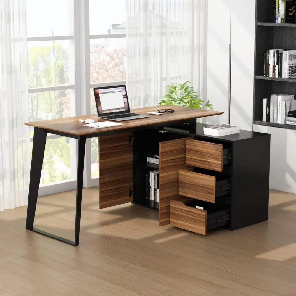 Home Office Computer Desk Corner Desk with 3 Drawers and 2 Shelves, 55 Inch Large L-Shaped Study Writing Table with Stora