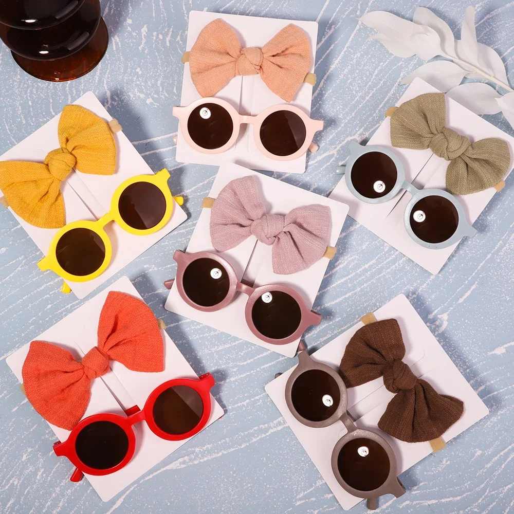 2Pcs/Pack Vintage Kids Summer Baby Bows Headband Round Sunglasses Children Sun Glasses Protection Glasses Hair Accessories