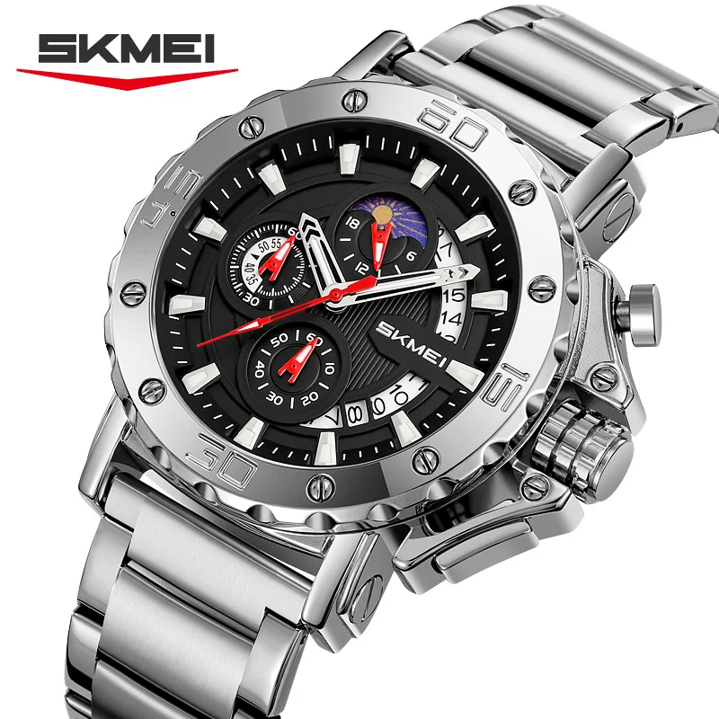 Reloj despertador SKMEI 9344 con sincronización analógica West Coast MAN, relojes deportivos lujosos de cuarzo resistentes al agua con pantalla de Esfera Grande y calendario