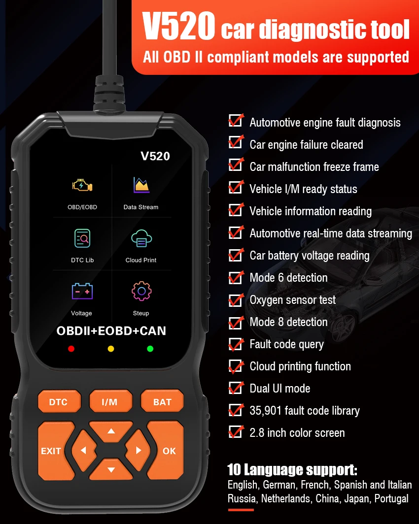 

OBD2 полнофункциональный считыватель кодов V520 Elm327 автомобильный диагностический инструмент 12 В OBD автомобильный сканер