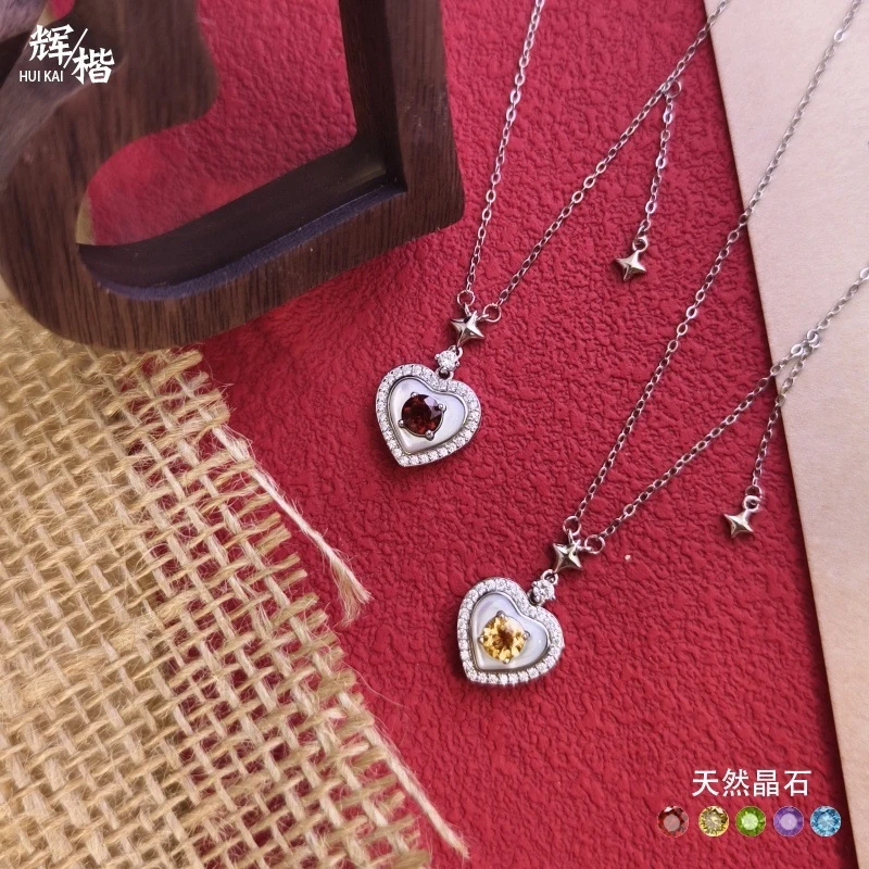 

-shaped S925 sterling silver necklace women with natural stone, white mother-of-pearl heart pendant, and garnet