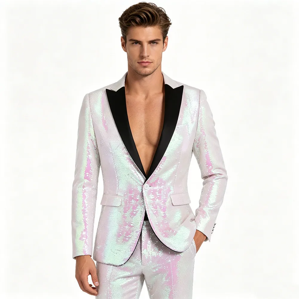 

Men's Pink White Shawl Collar Sequin Tuxedo Jacket Fashion Wedding Groom Blazer for Stage Suit Coat Bar Club Singer Host