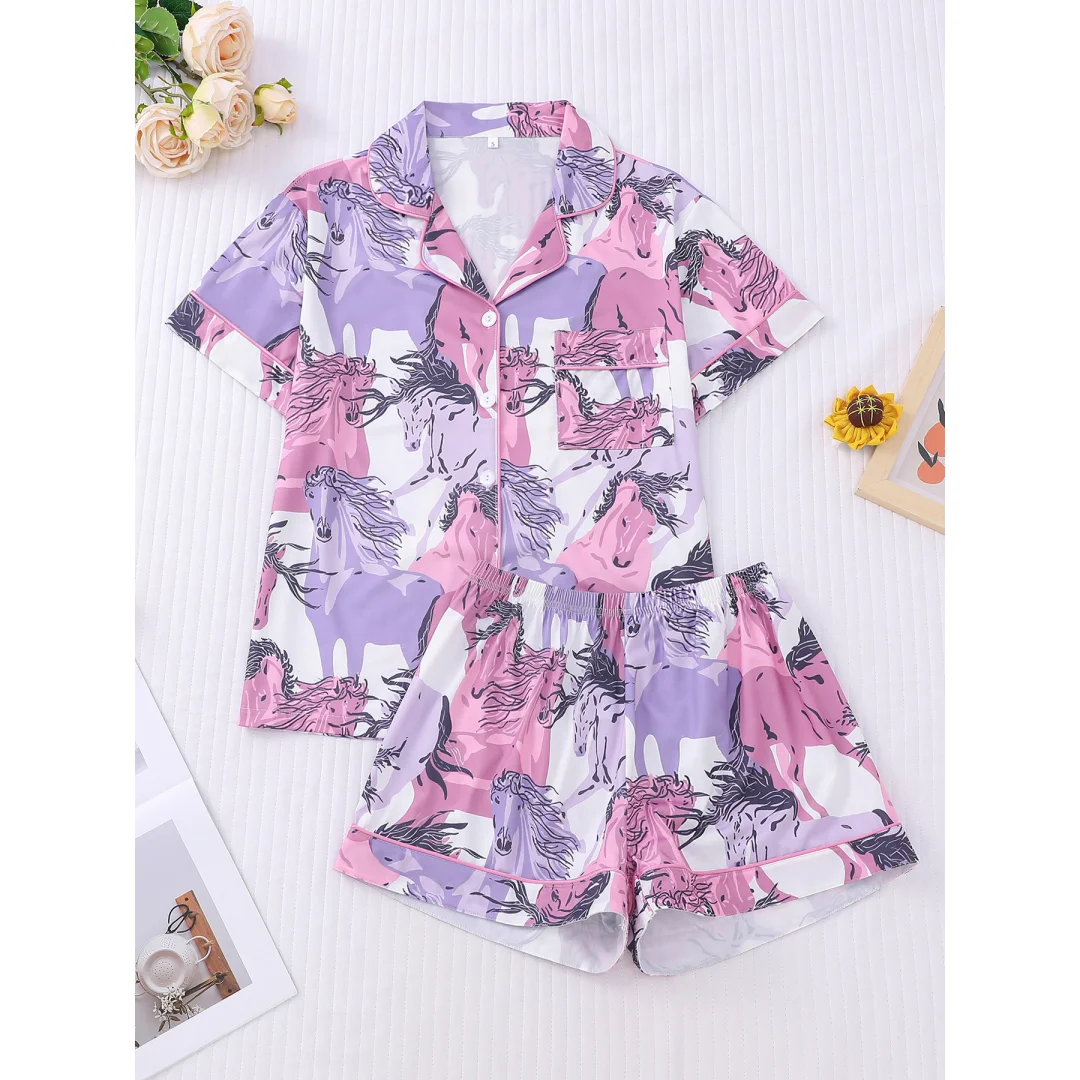 Horse Animals Print Pajamas Lapel Short Sleeve Shorts Pants Loungewear Home Wear Set Clothes Women Chinese Luner New Year Gifts