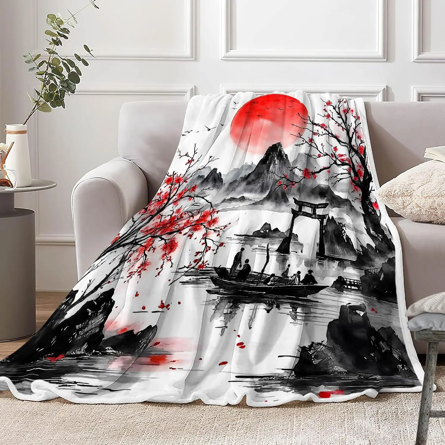 Traditional Chinese Ink Plum Torii Boat Red Sun Misty Retro Art Flannel Throw Blanket, Warm Cozy Blanket, Oriental Bedroom Decor